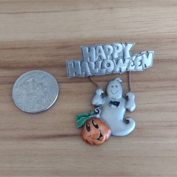 Vintage Spoontiques Signed Halloween Pin Pewter Ghost On Swing Pumpkin - Picture 3 of 4